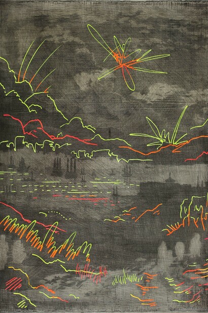 Chris Agnew, Forced projection II, 2015, etching and oil paint on icon panel, 52 x 37 cm