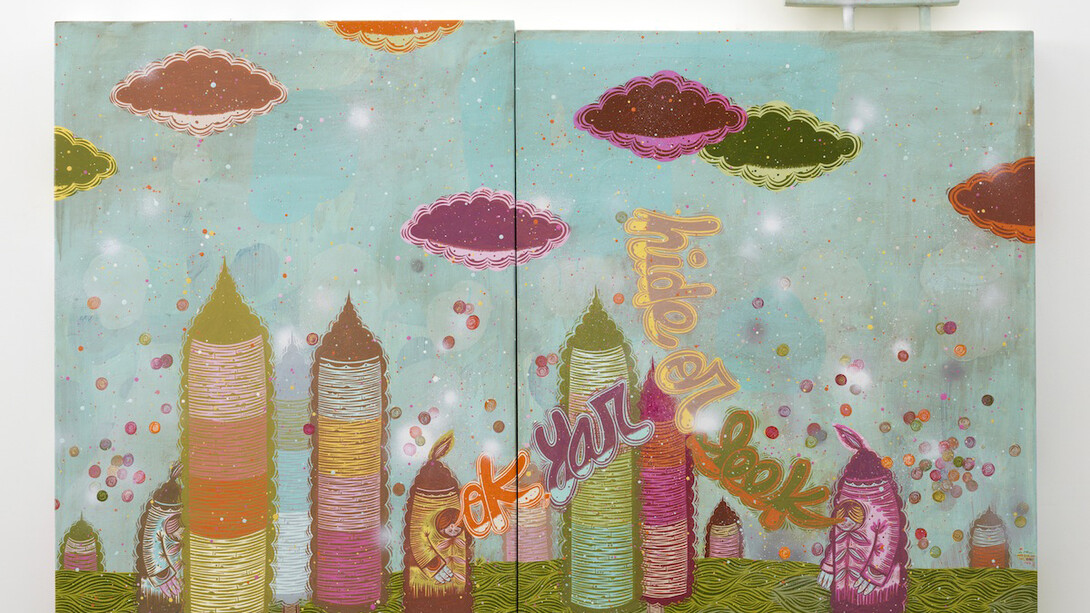 Thomas Campbell, Attempting to Be Here, 2014, Acrylic, gouache, spray paint on wood, panels and gourds, 44 x 78 inches