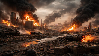 A devastated oil refinery burns amid thick smoke and scattered wreckage, symbolizing the destructive consequences of escalating conflicts and interventionist wars in the Middle East
