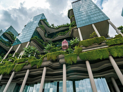 Looking up at the iconic PARKROYAL COLLECTION Pickering in Singapore, Singapore