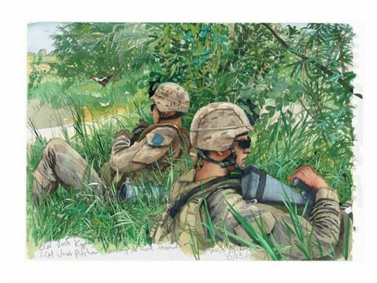 Steve Mumford. Far from relaxed, these Lima Co, 3/6 Marines on a patrol out of Camp Coutu, Marja, are watching for insurgent activity while an Explosives and Ordinance Demolition team defuses a large improvised explosive device meant for our patrol, 2010. Pencil and watercolor on paper. Courtesy of the artist and Postmasters Gallery, New York. © Steve Mumford