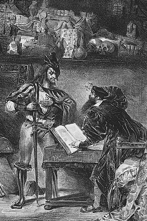 In Faust's study, Mephistopheles converses with the doctor from across a desk, one hand pressed to his chest and the other gripping the hilt of a sword. Faust, half-risen from his chair, raises one hand in a gesture of alarm while the other rests on an open book. Behind them, a shelf holds skulls, a chemical flask, books, scrolls, and various other objects. This scene dates back to 1827