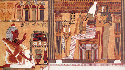 Facsímil de una viñeta del Libro de los Muertos de Ani. El difunto Ani se arrodilla ante Osiris, juez de los muertos. Detrás de Osiris se encuentran sus hermanas Isis y Neftis, y frente a él hay un loto sobre el que descansan los cuatro hijos de Horus
