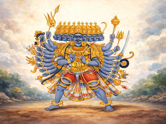Ravana, the demon-king of Lanka (Sri Lanka), depicted in a watercolor painting by an unknown Indian artist, circa 1920