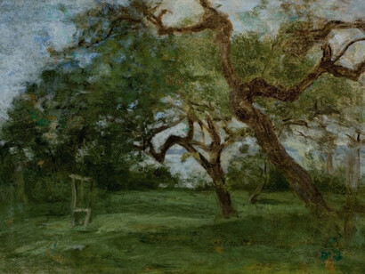 Eugène Boudin, Patio de granja, viejos manzanos, c. 1853-1859, Óleo sobre tabla. 32,3 x 42,6 cm © Musée d'Art Moderne André Malraux, El Havre