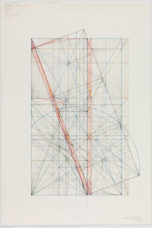Mark Reynolds, Phi Root Three Series: Generation of the Triple Square and the 2.8025, 1.3.15, 2015, Graphite, colored inks and colored pencils on cotton paper, 22.25 x 15 inches (paper size)