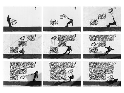 Robin Rhode, Carry-on, 2013 black & white print 9 parts, each: 18.35 x 27.56 inches (framed) 46.6 x 70 cm Overall dimensions: 58.98 x 86.61 inches 149.8 x 220 cm Edition of 5 ©Robin Rhode Courtesy the artist and Lehmann Maupin, New York and Hong Kong