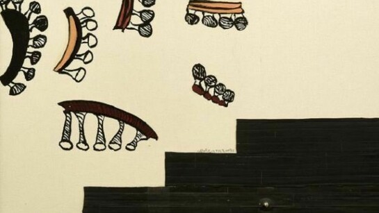 Carol Rama, Speculazioni, 2002, Olio e collage di camere d’aria di bicicletta su tela impressa, calcograficamente ad acquatinta, 60 x 80 cm
