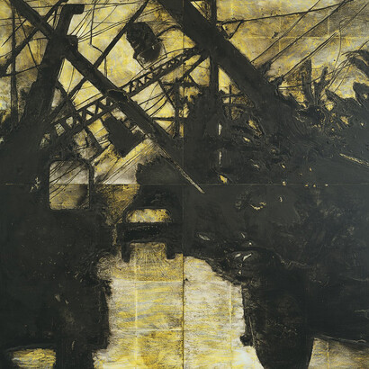 Lines Down, 11 November, 1985, Latex and tar on tile, 96 x 96 inches © the artist, Courtesy Huxley-Parlour Gallery