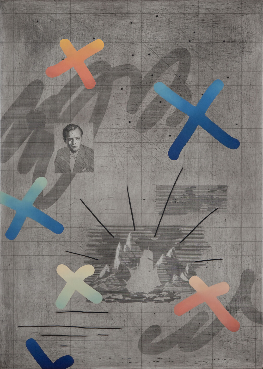 Chris Agnew, Composit-VH, 2015, etching and oil paint on icon panel, 52 x 37 cm