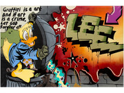 Howard the Duck by Lee Quiñones, 1988, oil on canvas, 58x88.” Courtesy of the Museum of the City of New York.  A vivid oil painting of the artist’s massive handball court mural, created 10 years earlier and since destroyed, at Corlears Junior High School on Manhattan’s Lower East Side.