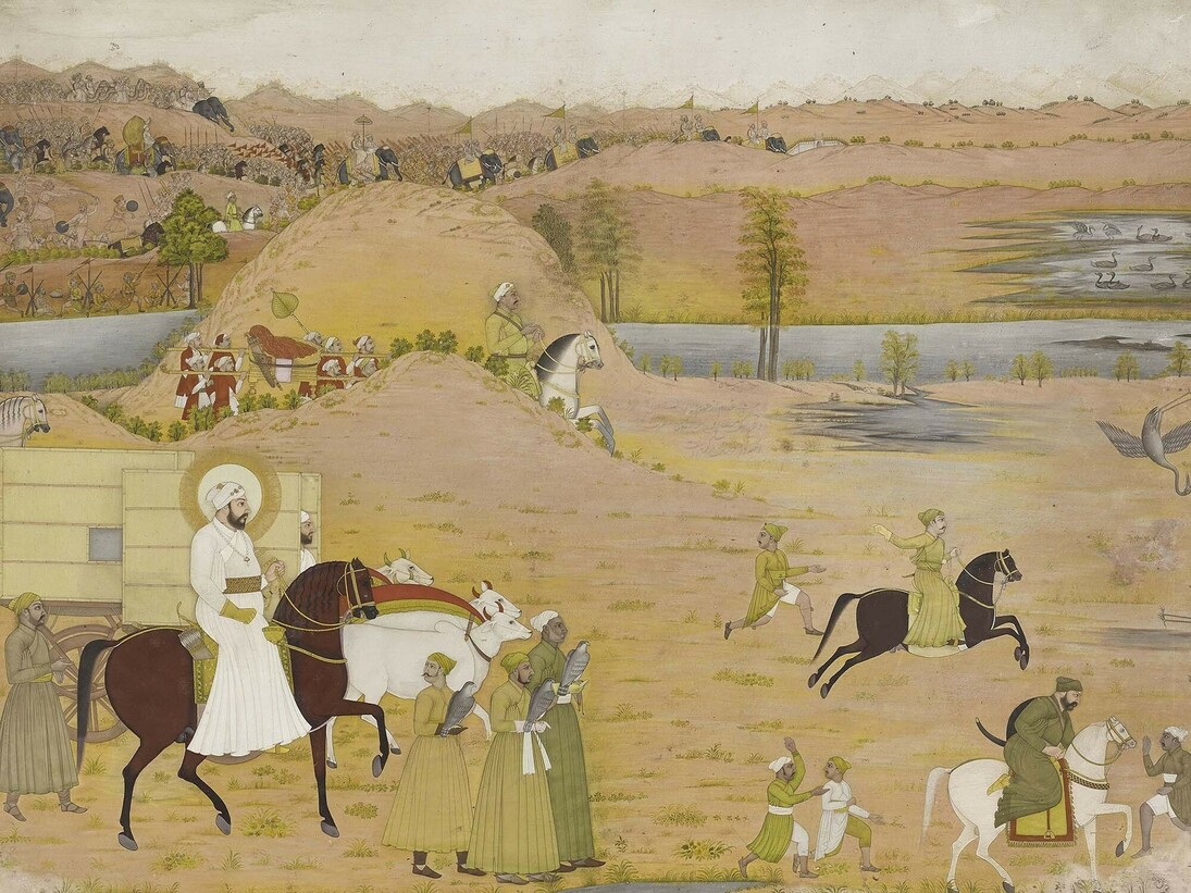 The 'Great Mogul' hunting crane with hawks, by the Mughal artist Hunhar (1740-50) Photography by John McKenzie