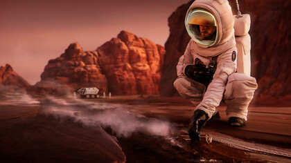 AI-driven space missions, Mars and astronauts, showcasing the future of AI in space engineering