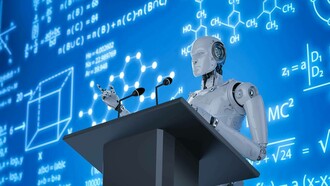 An artificial intelligent machine tutoring a class from a podium