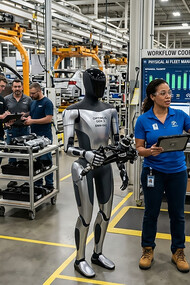 The dawn of the hybrid workforce: A manager orchestrates a seamless flow between human expertise and humanoid precision on a high-tech factory floor in 2026
