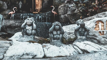 Three wise monkies in Golden Mountain Temple, Bangkok, Thailand