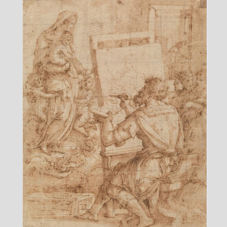 San Lucas pintando a la Virgen, 1567 - 1572. Aguada, Lápiz, Pluma, Tinta parda sobre papel agarbanzado, 264 x 214 mm. Courtesy of Museo del Prado
