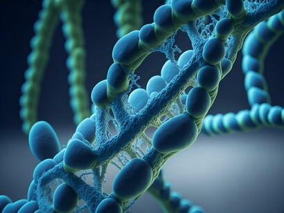 A close-up visualization of DNA spirals, reflecting humanity’s quest to understand the language of life