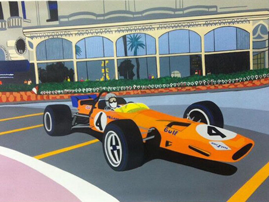 Fernando Ribeiro, McLaren/ Bruce McLaren, 2015. Técnica – acrílica s/ papel algodão. Dimensão -72cm X 69cm