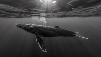A majestic whale swimming freely in the wild, captured in striking black and white