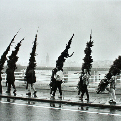 Carrying Christmas trees to the Hayward Gallery, 1980s. Courtesy of YSP © Jonty Wilde