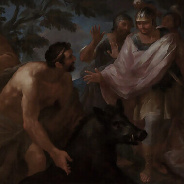 Hercules terrifying King Eurytheus with the Erymanthian Boar 