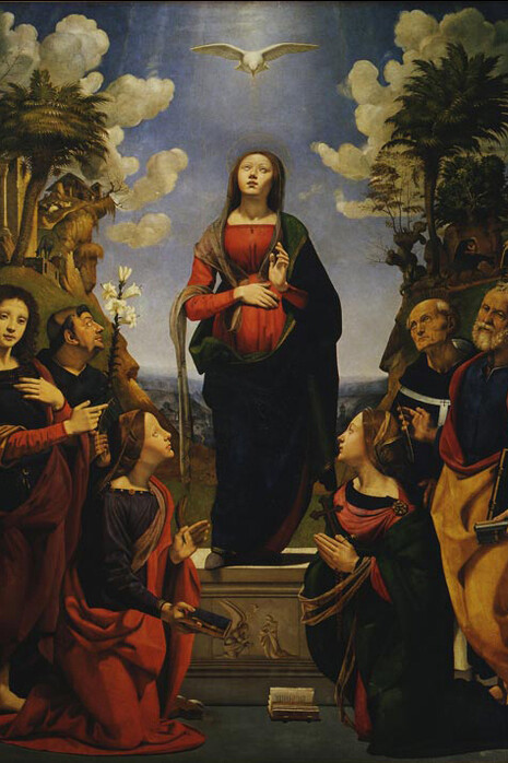 Piero di Cosimo, Immacolata Concezione, San Giovanni Evangelista, San Filippo, Santa Caterina d'Alessandria, Santa Margherita d'Antiochia, Sant'Antonino e San Pietro, particolare, Firenze, Galleria degli Uffizi