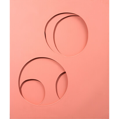 Paolo Scheggi, Intersuperficie curva dal rosa, 1967, Pink acrylic on three superimposed canvases, cm 120 x 100 x 5 / in 46.2 x 39.4 x 2. Courtesy Tornabuoni Art © Paolo Scheggi / SIAE