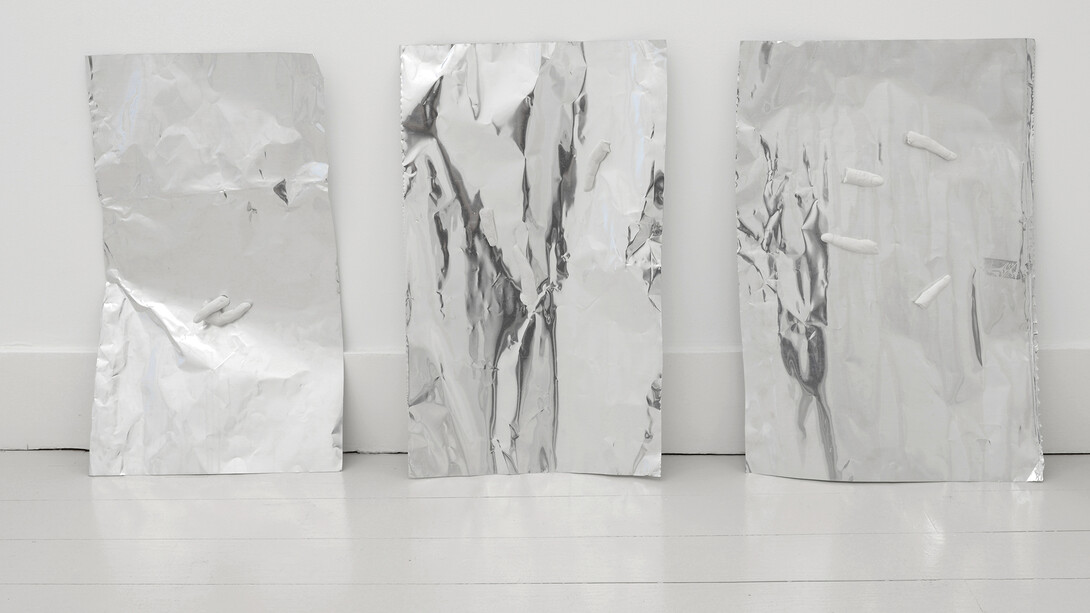 Vanessa Safavi, Bending pushing pulling lifting twisting (1,2,3), 2015, 3 aluminium sheets, plaster, 133 x 58 cm