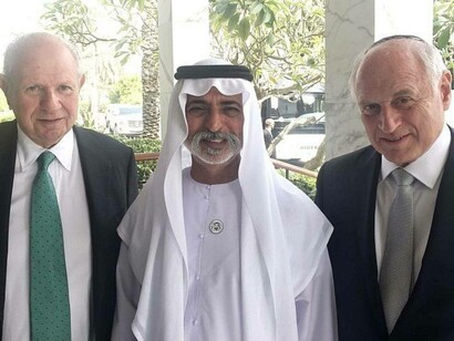 Conference of Presidents of Major American Jewish Organizations Chairman Stephen Greenberg (left) and executive vice president Malcolm Hoenlein (right) meeting with United Arab Emirates’ Minister of State for Tolerance Sheikh Nahyan bin Mubarak al Nahyan