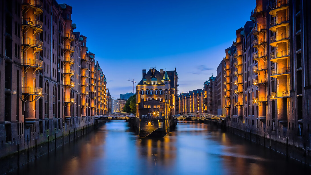 Speicherstadt by night, Hamburg’s historic warehouse district, Germany