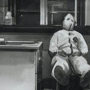 Radenko Milak
A medical worker rests in Wuhan, China, February 27, 2020
watercolor on paper
25 x 35 cm
Courtesy KOENIG2 by_ robbygreif, Vienna and the artist 