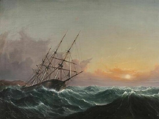 Fitz Henry Lane (1804-1865), A Storm breaking away, vessel slipping her cable, 1858, Oil on canvas, 24 x 36 ¼ inches