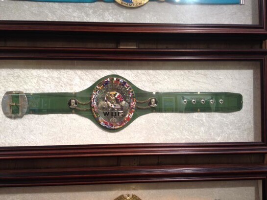 Ken Buchanan, title belt green close up
