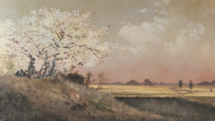 Takahashi Yuichi; detalle de «Flores de cerezo en el terraplén de Sumida»