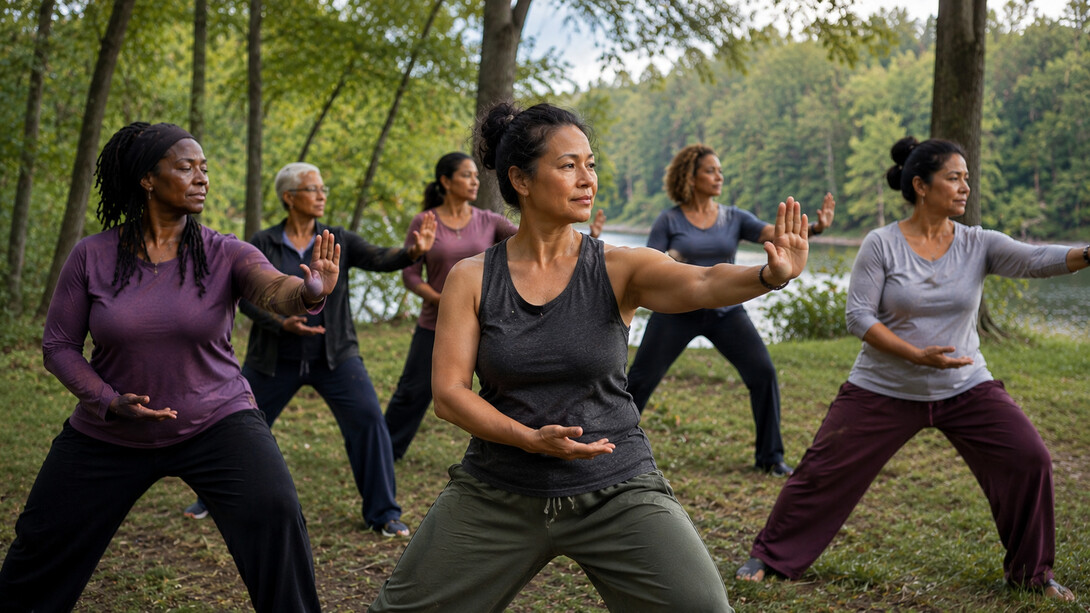 A group of women practicing Tai Chi in nature, representing the benefits of balance, coordination, and mindful movement
