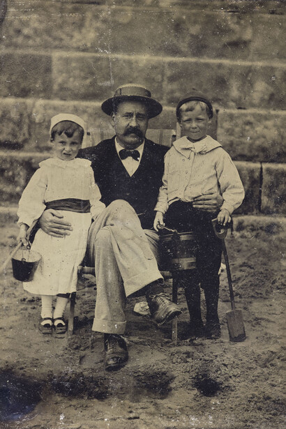 Family group on the beach at Margate: father and two children, c.1875, tintype © Howarth-Loomes Collection at National Museums Scotland [NB same family as earlier, so this one is a few years earlier; we’ve identified the beach as Margate from another of the group]