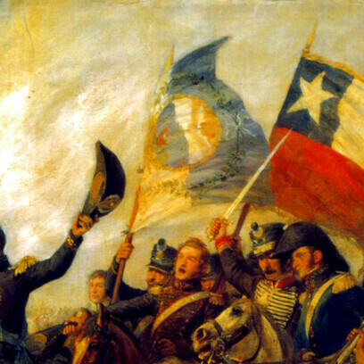 Pedro Subercaseaux, „Abrazo de Maipú“ (Bildfragment), entnommen aus dem Buch "Chile y Argentina, la cordillera que nos une" (zu Deutsch: Chile und Argentinien, das Gebirge, das uns verbindet)