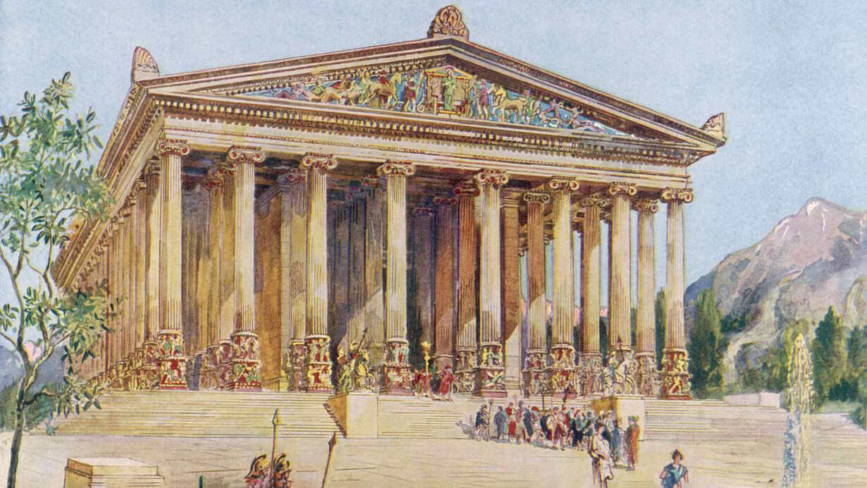 Harold Oakley, Fachada jónica elevada del Templo de Artemisa en Éfeso. Ilustración de “Maravillas del pasado” (1933-1934)