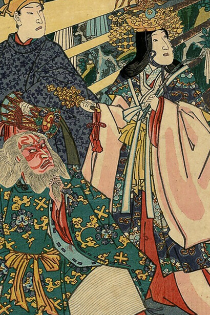 Primer panel del tríptico "Origen de la danza Iwato Kagura", Utagawa Kunisada, 1856