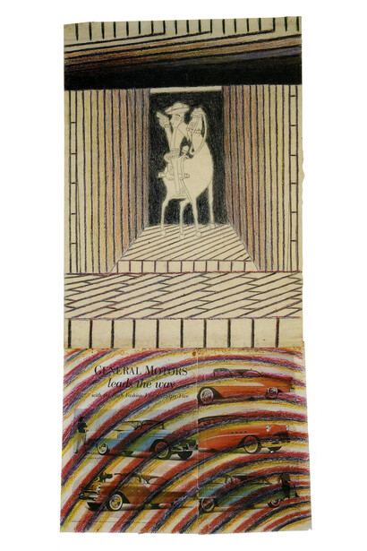 Martin Ramirez, Untitled (Horse and Rider), c. 1950, Colored pencil, crayon, and collage on paper, 36 15/16 x 18 5/8 in.
