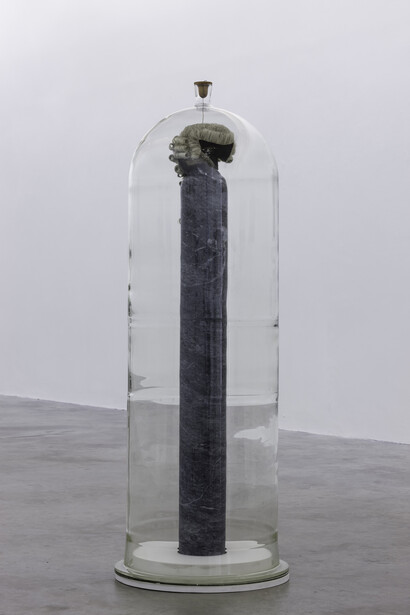 Dorothy Cross, Distil, 2014, barrister’s wig, marble, glass, leather, mahogany, height: 152 cm, diameter: 57.7 cm, height 59.8 in diameter 22.7 in, courtesy of the artist and Kerlin Gallery, Dublin 