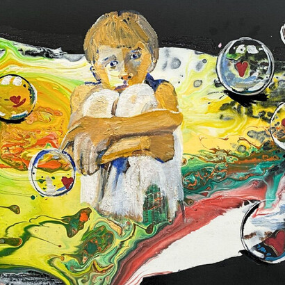 Aracelis Rivera, Boye (S1) (detail), 2024. 
Acrylic pouring paint, pen, and glitter on canvas, 16 × 20 in | 40.6 × 50.8 cm. Courtesy of the artist and Fountain House Gallery 