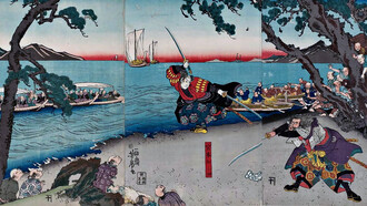 Yoshifusa Utagawa,Il famoso duello tra il maestro della spada Miyamoto Musashi (a sinistra) e Sasaki Kojiro (Ganryu) sull'isola di Ganryu-jima, 1843-1847