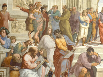 Hypatia of Alexandria amongst other philosophers in The School of Athens, a fresco by the Italian Renaissance artist Raphael, painted between 1509 and 1511 decorating the rooms now called the Stanze di Raffaello in the Apostolic Palace in Vatican City