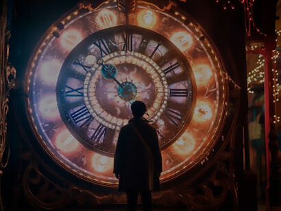 Delve into the concept of Synchronicity with a powerful image of a person standing before a colossal watch, symbolizing the profound connection between universal timing and human experience