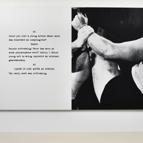 John Baldessari, Fighting, 2015, Varnished inkjet print on canvas with acrylic paint, 74 1/2" x 107 3/4" (189.23 x 274.32 cm), Space, 1966-68, Acrylic on canvas, 68 x 57 in. (172.7 x 144.8 cm). Copyright John Baldessari