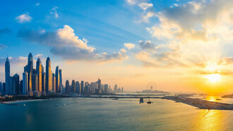 A panoramic view of the Dubai Marina skyline in the United Arab Emirates at sunset. The UAE is a federation of seven emirates: Abu Dhabi (capital), Dubai, Sharjah, Ajman, Umm Al Quwain, Ras Al Khaimah, and Fujairah