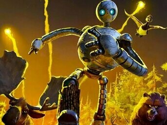 Cena do filme Robô Selvagem. Um robô programado para cuidar e ajudar cai numa ilha selvagem antes de chegar a seu destino. Naquele ambiente hostil ele precisa adaptar-se para sobreviver, mas, por obra do acaso, adota um filhote de ganso e seus instintos (sim, instintos) maternais vêm à tona. Ele precisa fazer de tudo para cuidar e proteger sua cria