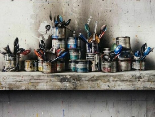 César Galicia, Paint Cans, 2012, mixed media on board, 21 5/8 x 33 1/2 inches